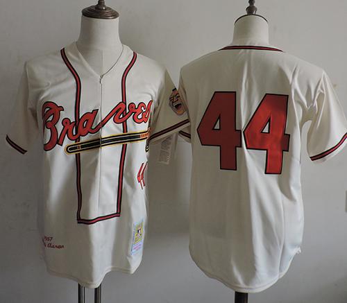 Mitchell And Ness 1957 Braves #44 Hank Aaron Cream Throwback Stitched MLB Jersey